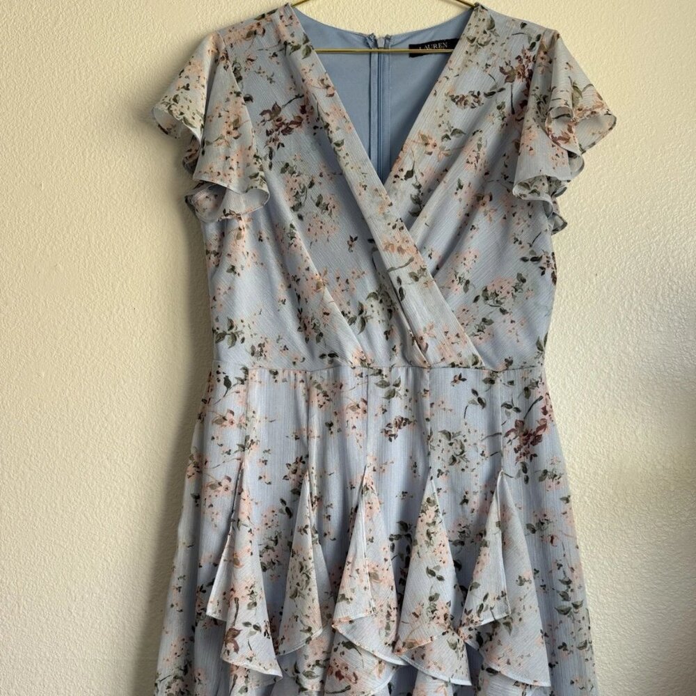 Lauren RALPH LAUREN Floral Print Mini Dress Gold Lurex Ruffle Romantic Fairy